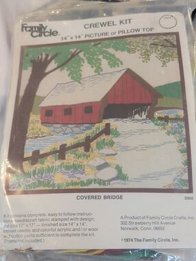 Net Family Circle Crewel Kit - Covered Bridge in Red and Green Vintage 1974